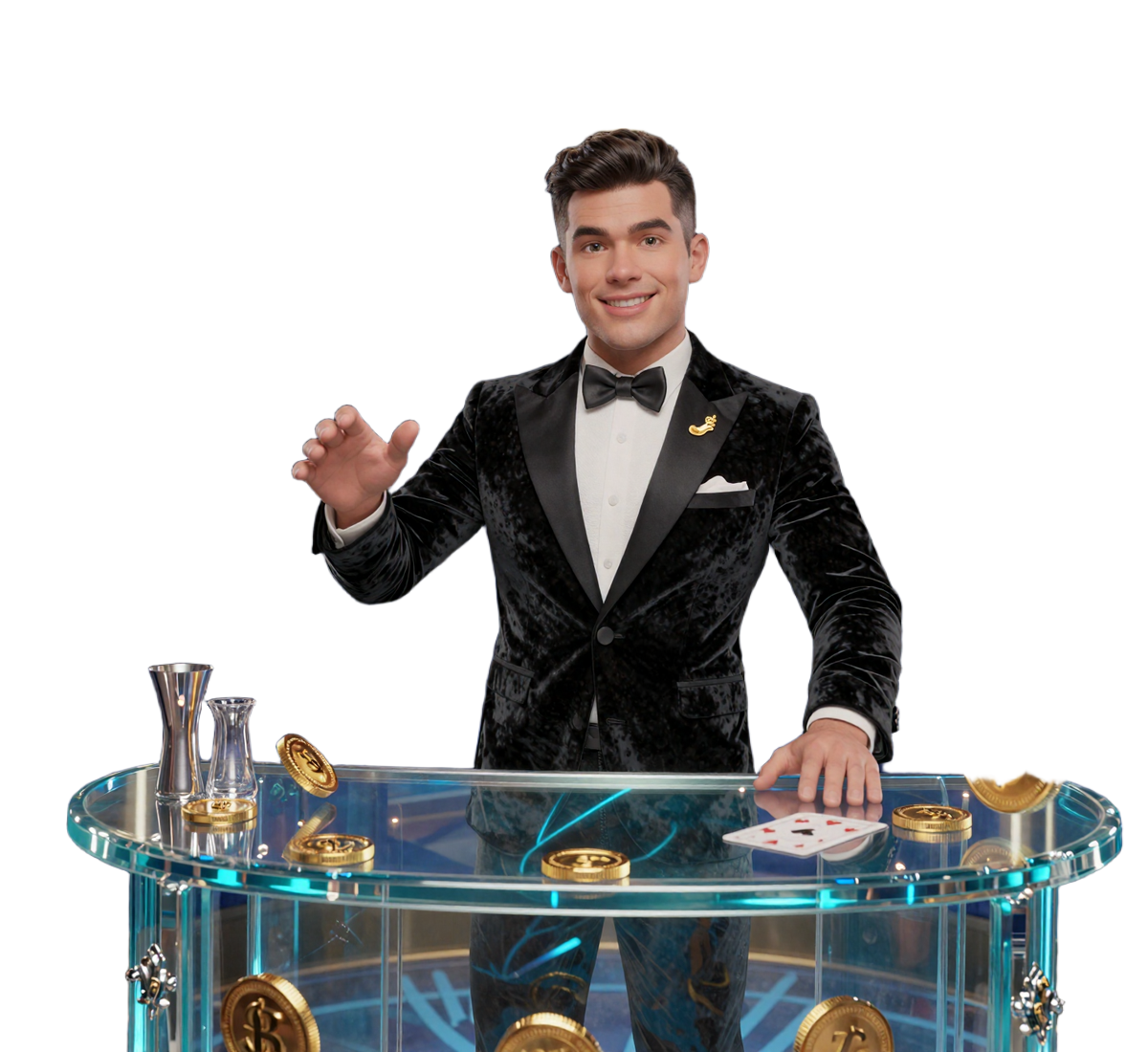 SlotLounge Lounge Host Luca hinter Glasbar mit Lucky Coins